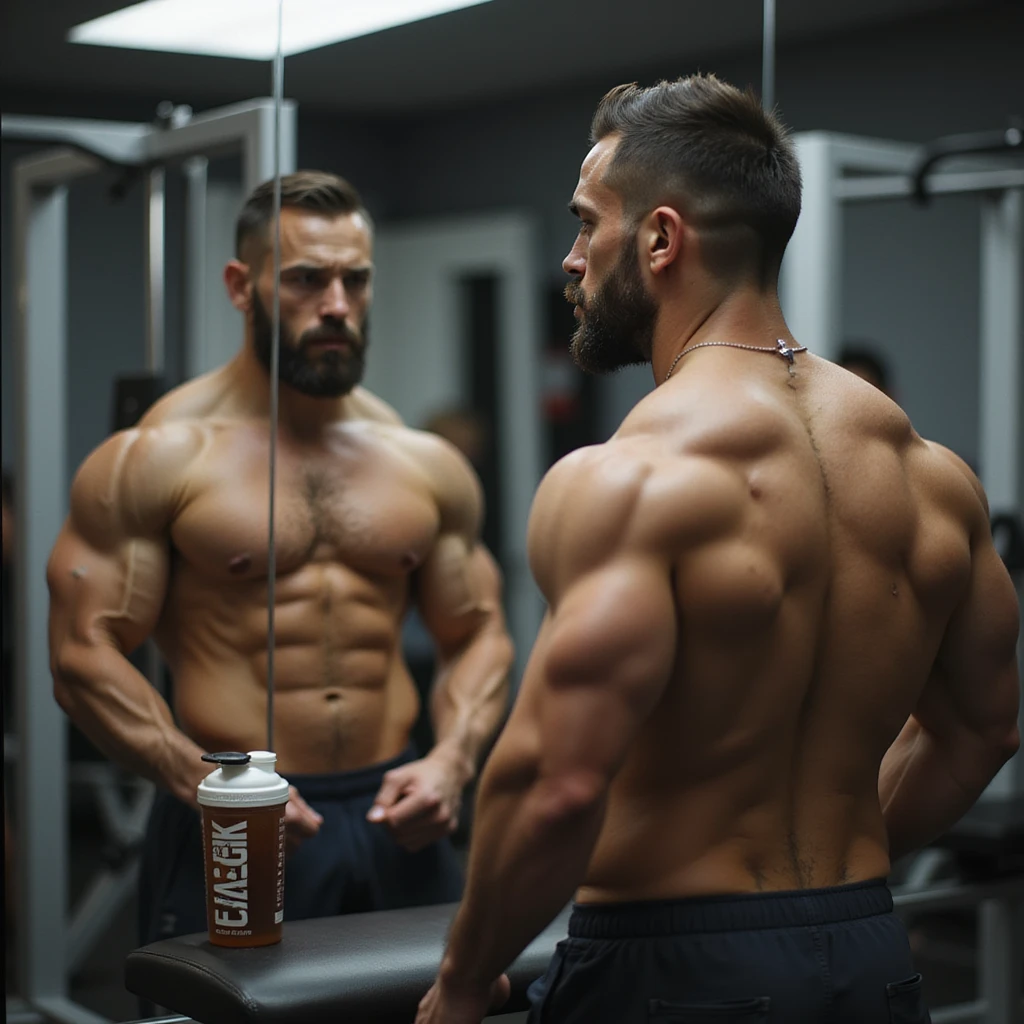 realistic male bodybuilder in definition phase, shirtless in front of mirror, observing reflection with frustrated expression, less full muscles, visible veins, gym with soft lighting, protein shaker on bench emoji