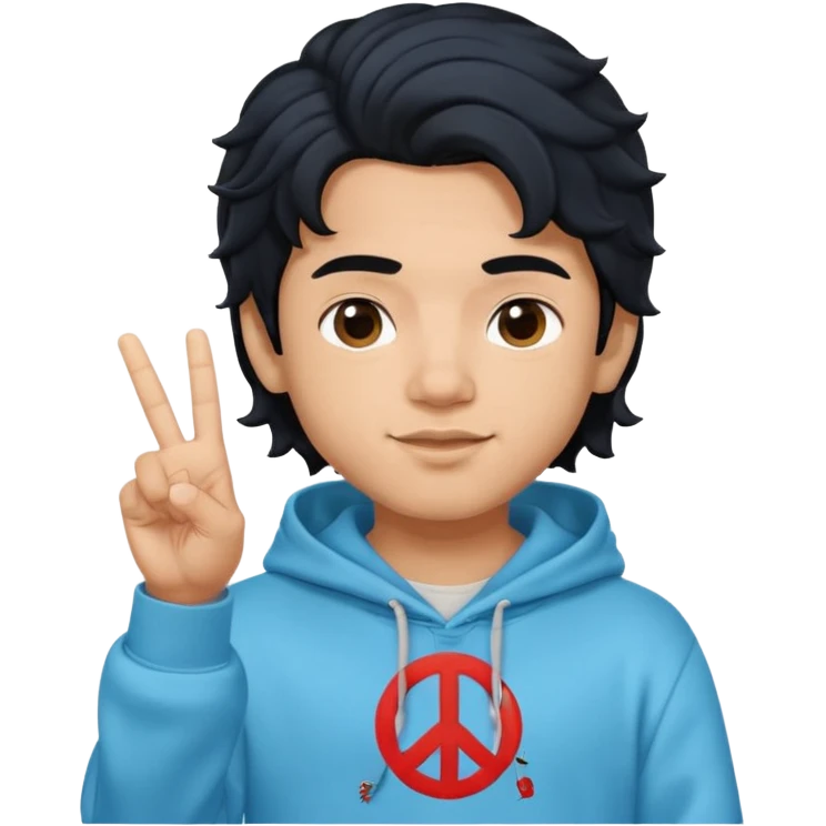 An indian boy in a light blue hoodie with wavy flow hairstyle showing peace sign, with black hair color, apple memoji style emoji