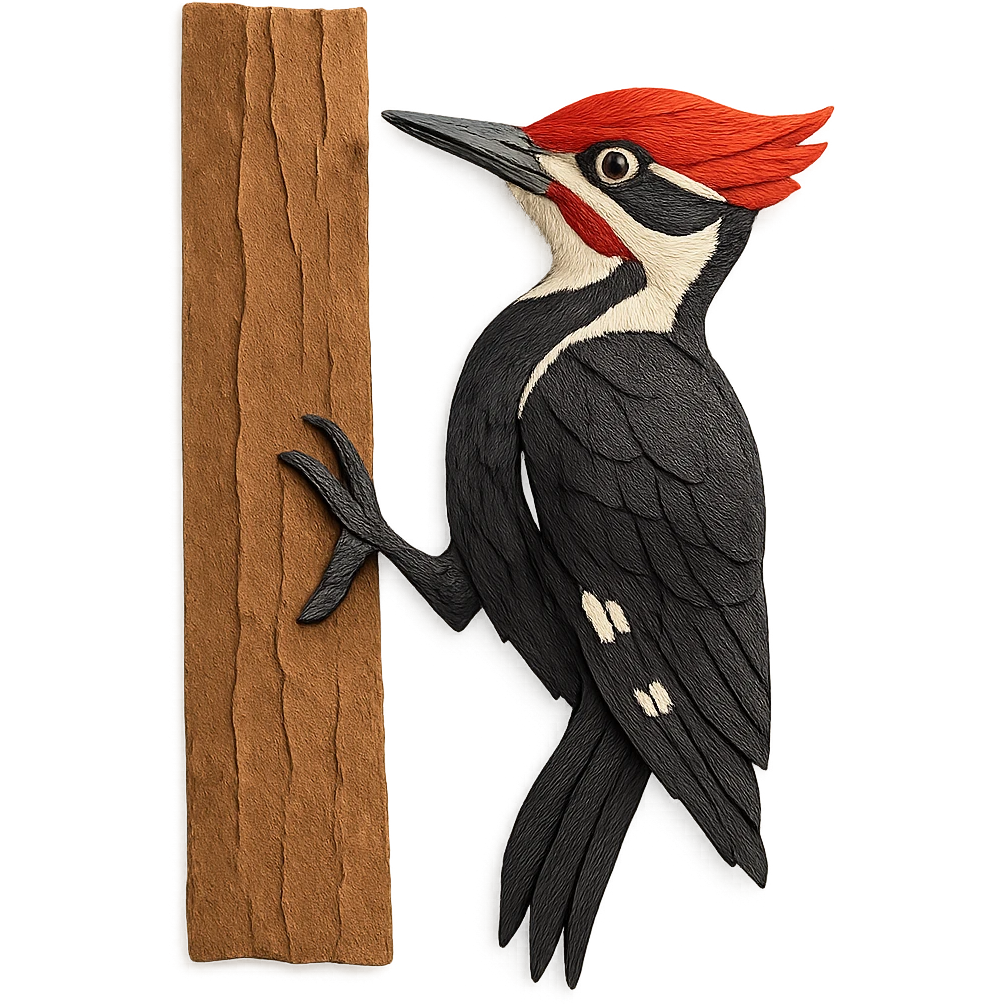close-up of a Pileated Woodpecker on a tree trunk, fine paper edges, bold feather patterns, vivid red crest emoji