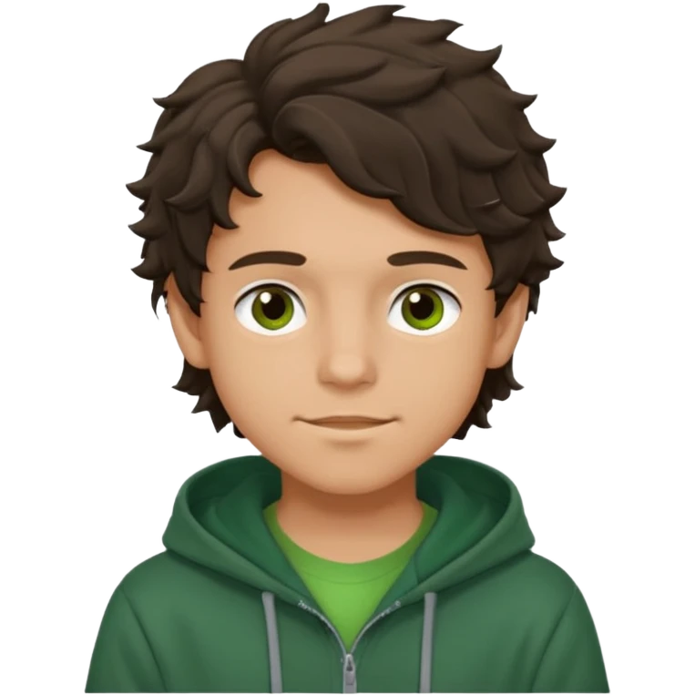 a 14 year old slightly tanned teenage boy with dark brown tousled wavy hair, dark brown eyes wearing a green tshirt, with a dark green hoodie overcoat. smirking emoji
