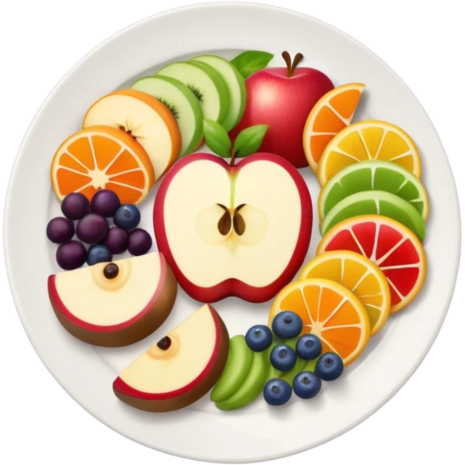 a plate of food with a white plate, colorful fruit slices, vegetables, and bread, simple and colorful apple emoji style emoji