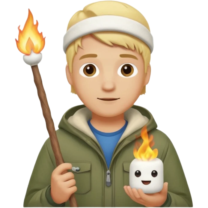 bşonde male with camping clothes holding marshmallow stick emoji