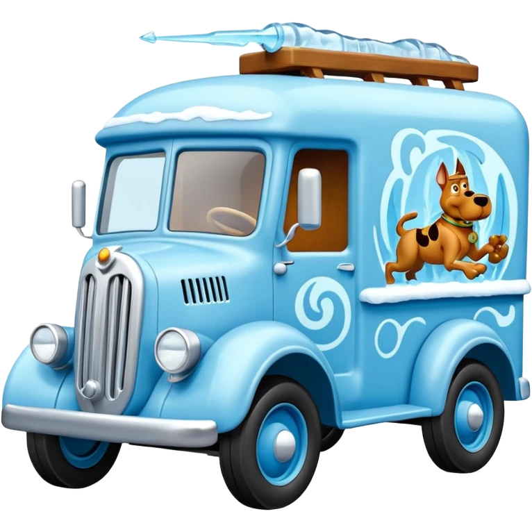 The Flintstones shiny ice-blue frozen Scooby Doo 1915 Lightning Bug busters liquidator’s antique long wheelbase moving truck  emoji