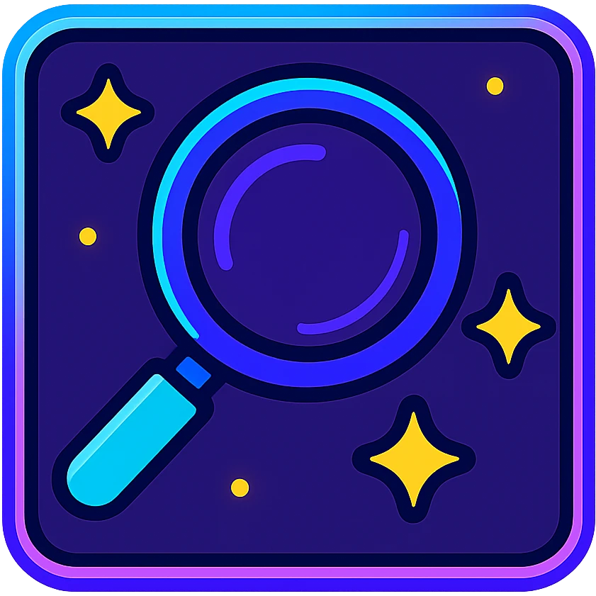 animated search icon with dark purple, blue, and black base, bright accents, complex gradients, stars, bright neon border, modern clean magnifying glass symbol, subtle glowing and moving stars neon effects, sophisticated futuristic style emoji