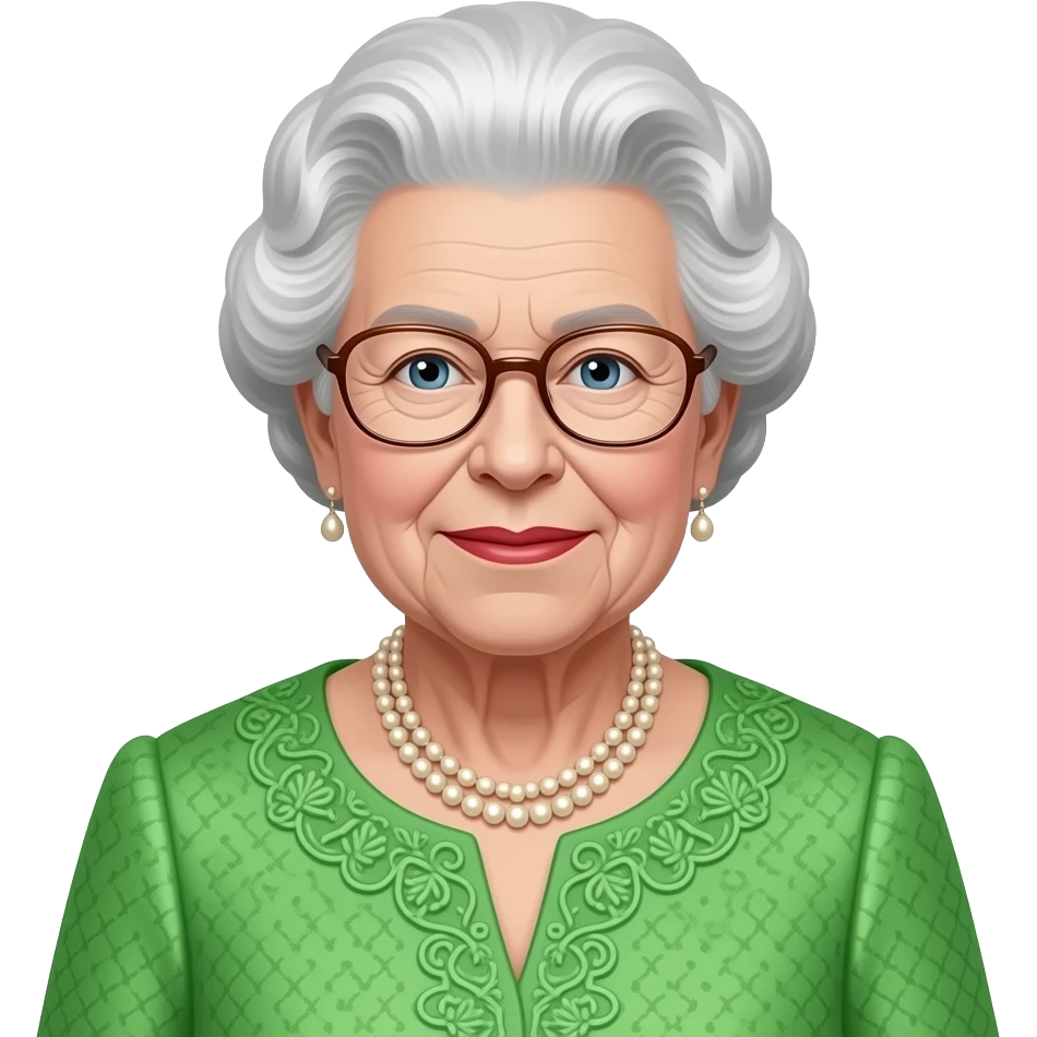 Elizabeth ll con trage verde y unas gafas el la punta de la nariz. emoji