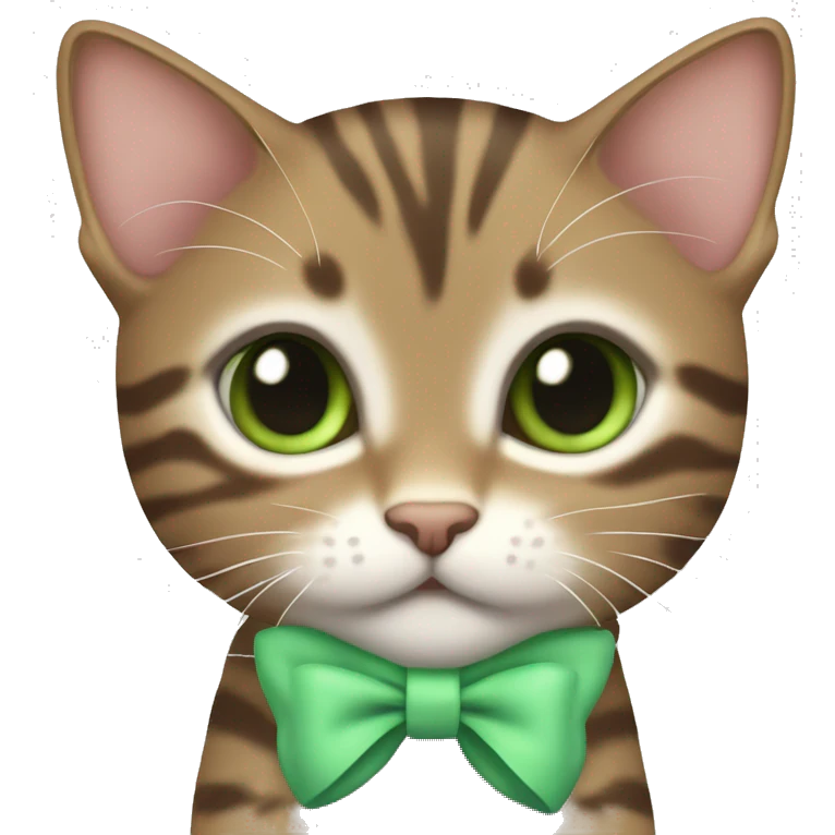kawaii brown tabby kitten with green eyes and pastel green bow on top of head emoji