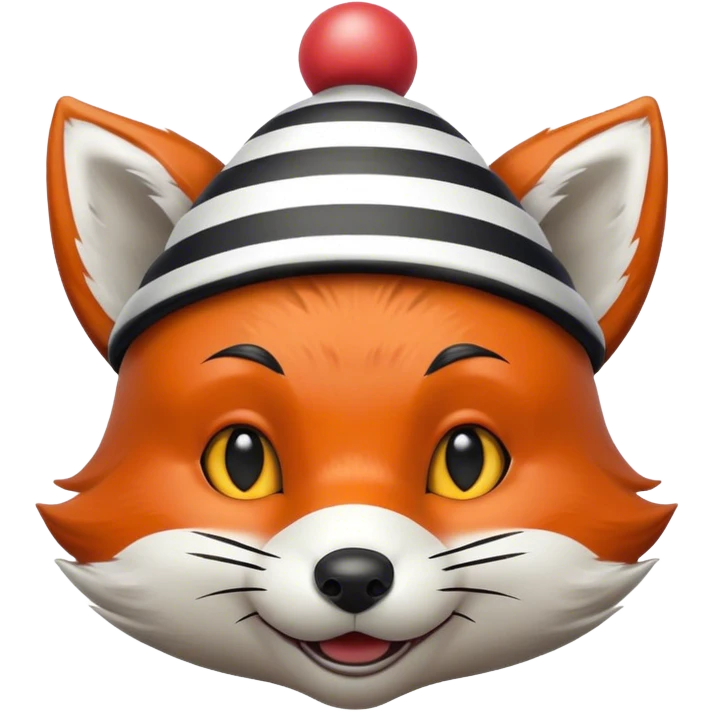 Renard fou avec des rayures noires et blanches portant un minuscule chapeau de clown sur la tête emoji