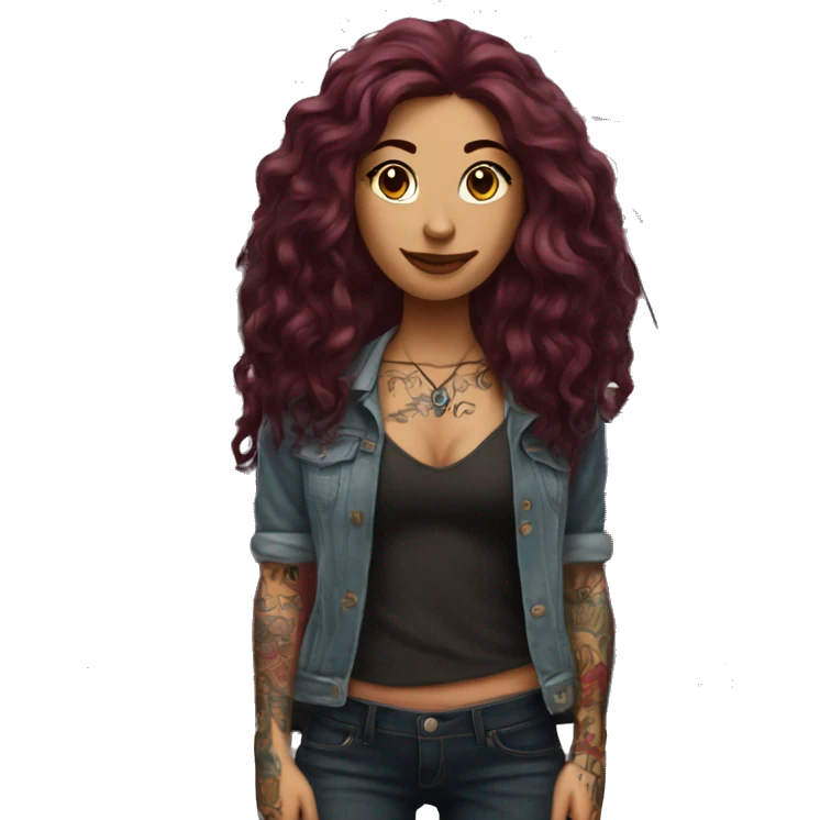 Beautiful tattooed burgundy long haired woman standing next to a car emoji