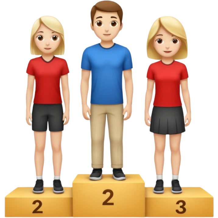 show people on podium in second, first then third position.  The podium should be labeled 2, 1, 3. The middle position should only have the number 1.  the people should be dressed causally in regular relaxed clothes

 emoji