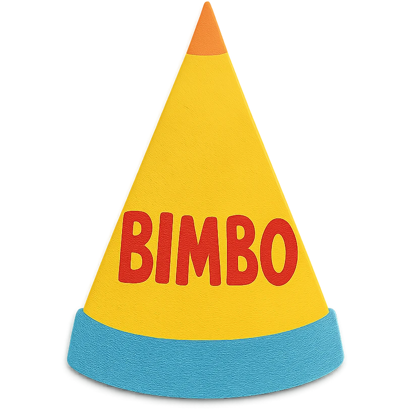 playful and colorful paper craft style dunce cap with 'Bimbo' text emoji