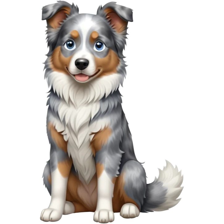 cinematic-[australian shepherd dog]-realistic-full-body-sitting-emoji,-tail-resting-loosely-beside-its-paws,-head-tilted-dramatically,-scruffy-[blue merle]-fur,-simplified-yet-realistic-focused-features,-highly-detailed,-glowing-with-an-almost-sarcastic-glow blue eyed emoji
