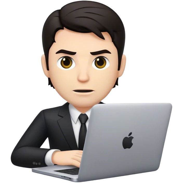 memoji of a white male realtor with a laptop in front, modern, dark hair, evil emoji