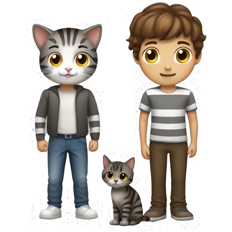 Brown haired boy and grey striped cat emoji