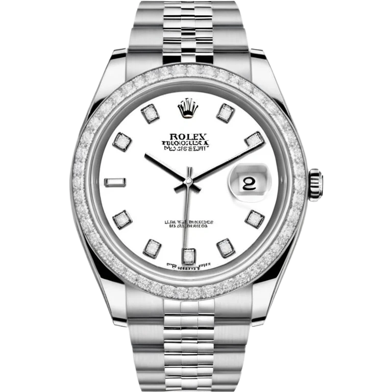 Crie um emoji com essas especificações: Um Rolex Datejust "Iced Out" prateado, totalmente coberto por diamantes na caixa, luneta e com diamantes na pulseira Jubilee. O mostrador possui fundo cravejado com diamantes (pavé), algarismos romanos pretos e lente de aumento na data. emoji