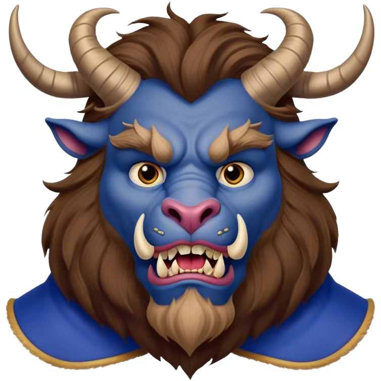 Beast from Beauty and the Beast with a human-like mouth and lips, but still with horns, fur, and beastly features wearing royal blue clothes emoji