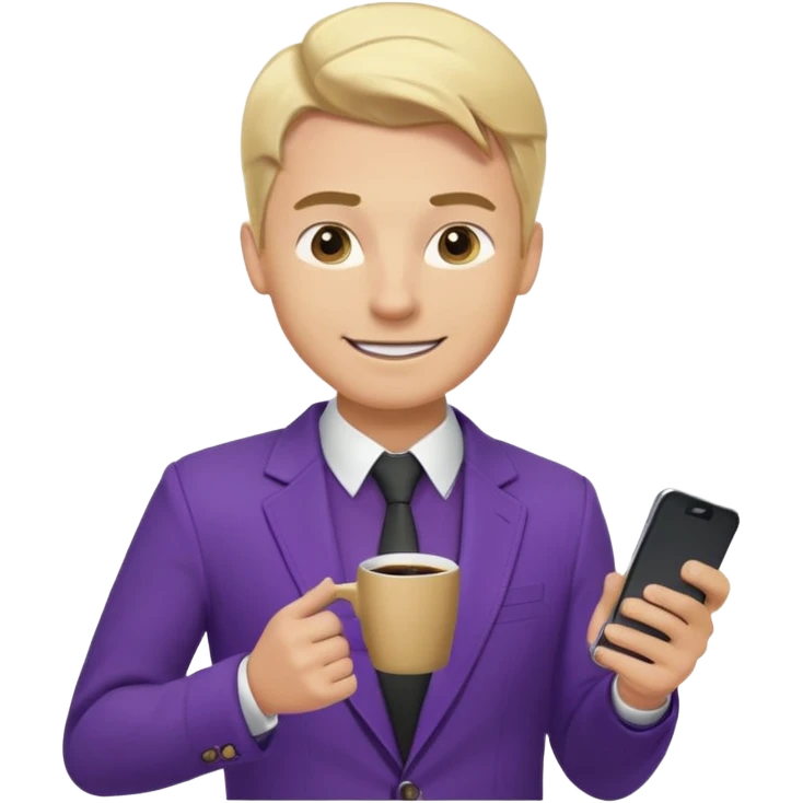 Confident and outgoing male entrepreneur, Caucasian features, blonde hair, big friendly smile, expressive eyes, defined eyebrows, wearing a purple blazer over a black shirt, holding a smartphone in one hand and a coffee cup in the other, waist-up, front-facing emoji