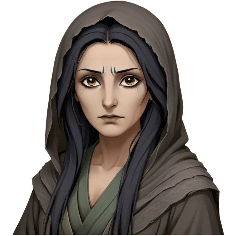 Mirri Maz Duur is a weathered, middle-aged Lhazareen woman with deep-set dark eyes, high cheekbones, and a sharp nose, giving her a stern, knowing expression. Her long, unkempt dark hair streaked with gray falls loosely over her shoulders, and her earth-toned, tattered robes mark her as a humble healer. Despite her frail appearance, she exudes an aura of mystery and menace, her hands stained with herbs and blood from both healing and dark sorcery. emoji