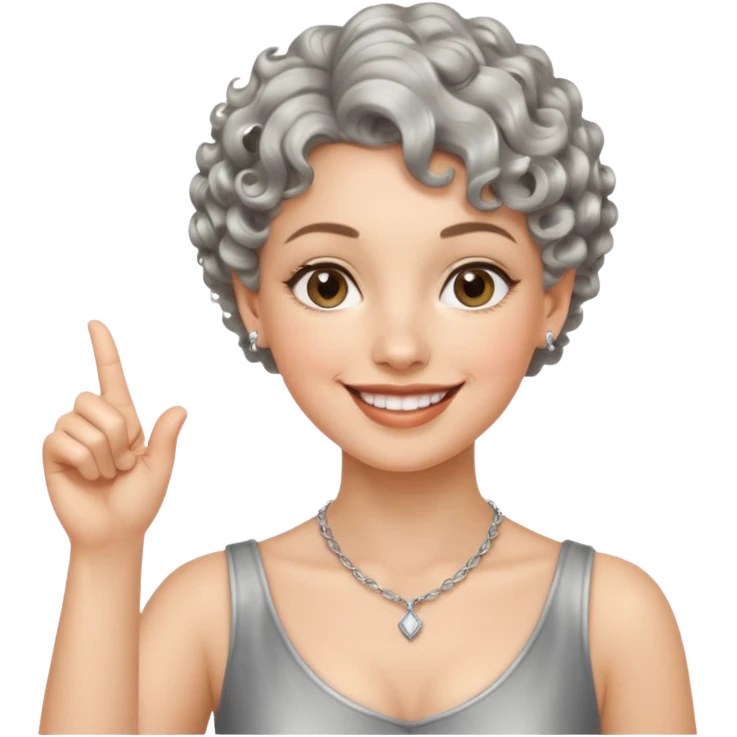 silver, short, wavy-haired with curls, smiling pretty lady, hopeful, pointing finger up


 emoji