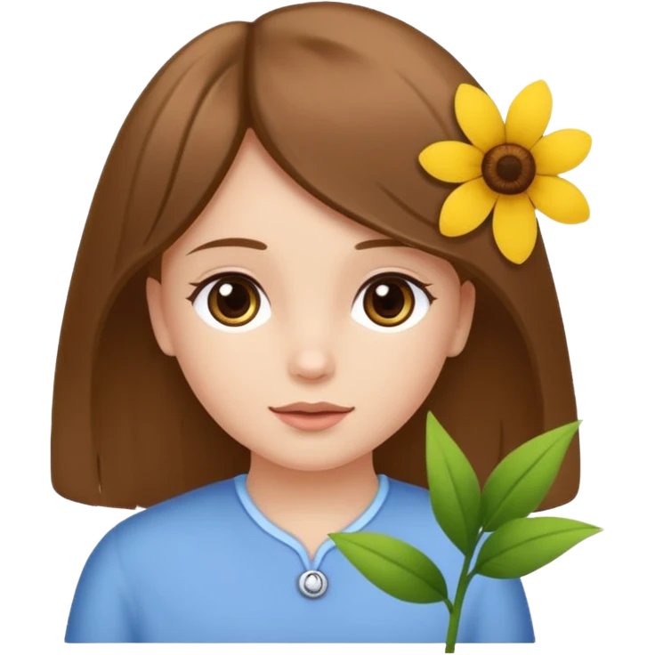 Ein braunhaariges Mädchen (glatte Haare ) mit einen Blume hinter dem ohr lange haare zur Seite kuckend Blume hinter dem rechten Ohr so das man es sieht zur Seite schauen soll das Mädchen also sieht man das Mädchen von der rechten Seite  emoji