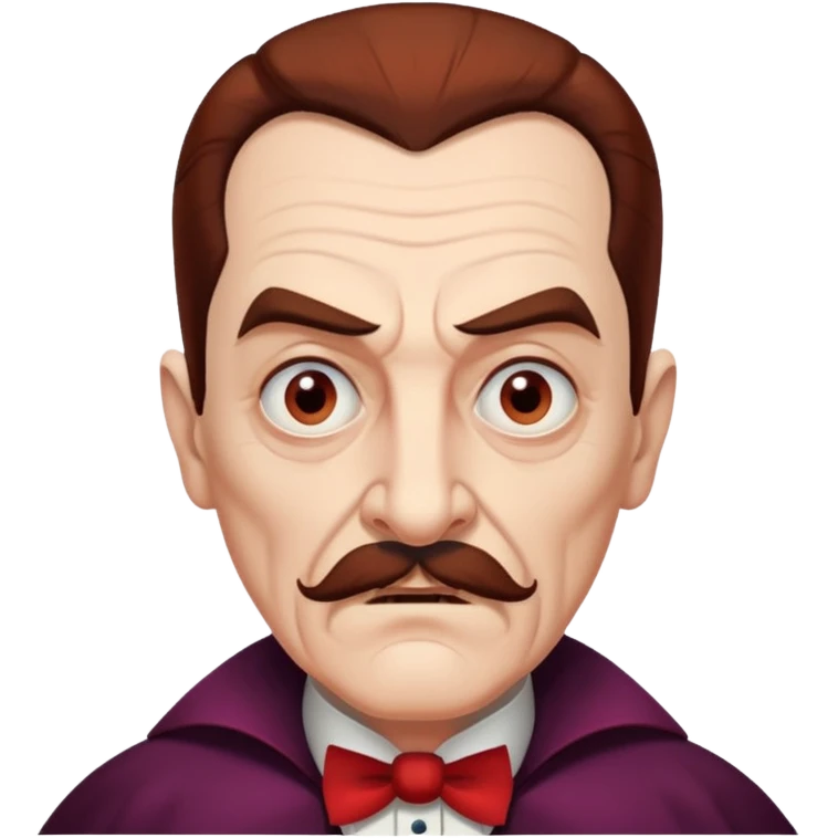 An elderly man with slicked-back reddish-brown hair, sharp brown eyes under heavy brows, and a white mustache, giving him a stern, Dracula-like appearance.  emoji