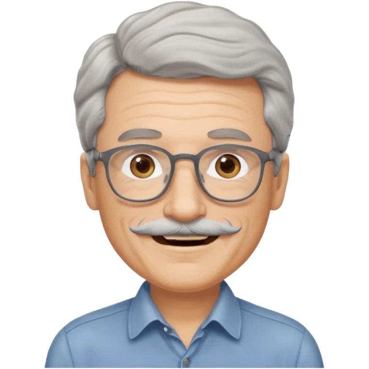 Generate a portrait of a slightly older man with glasses. His hair is quite thin, gray, but wavy. He has brown eyes, a mustache, and is smiling. emoji