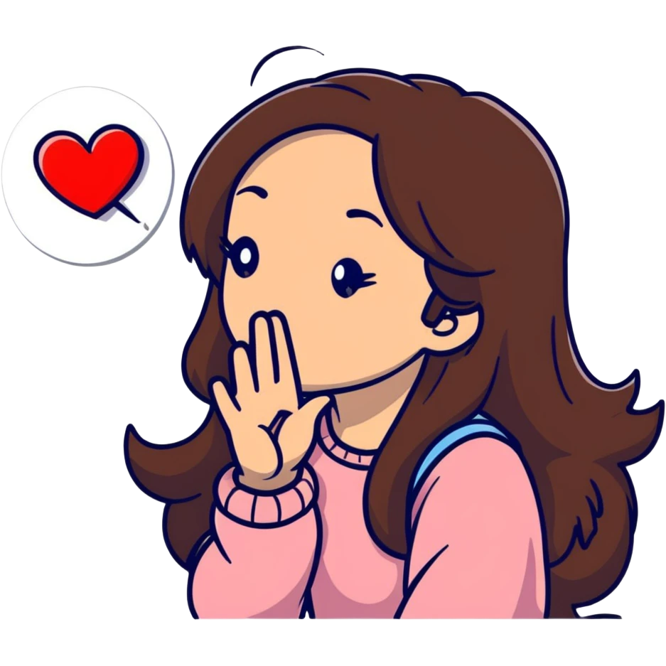 girl with long brown hair blowing a heart kiss emoji