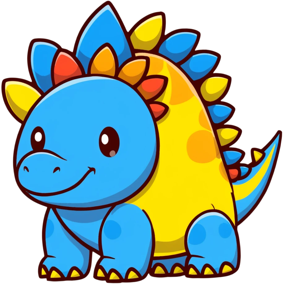 A cartoon blue toy stegosaurus with a friendly face and colorful spikes emoji