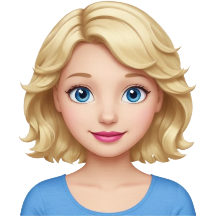 Girl Blonde short wavy hair,  blue eyes, cute blue top, long lashes, pink lips, 👄 smiling  emoji