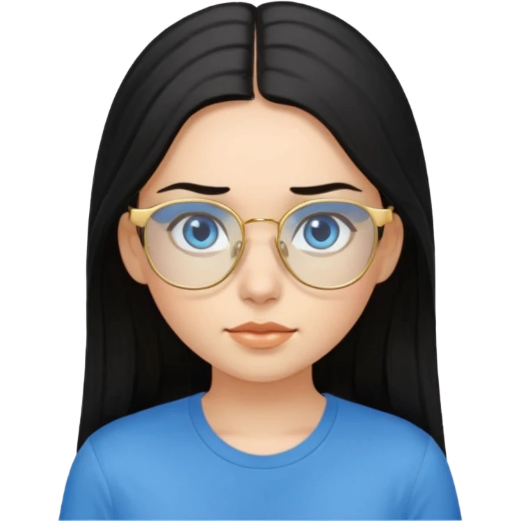 a black haired girl with blue eyes and glasses with blue shirt and long hair and gold glasses emoji