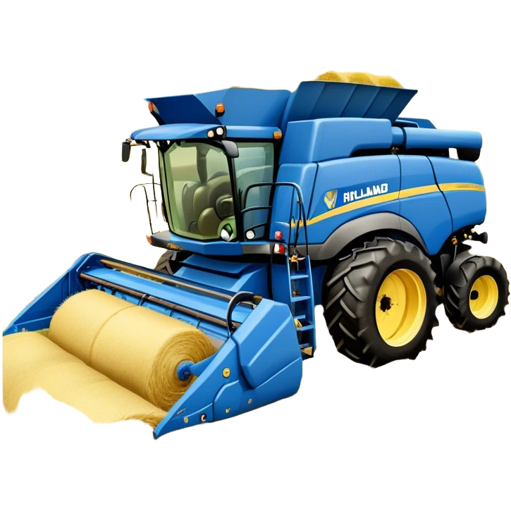 New Holland Roll-Belt 560 (2018) – Cinematic-realistic New Holland Roll-Belt 560 baler, its blue body steadily compressing golden hay into tight, round bales. The rhythmic motion of the machine continues as dust swirls in the afternoon heat, with rows of freshly cut grass stretching toward the horizon. emoji