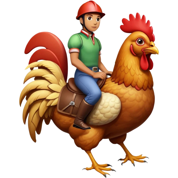 person riding a giant chicken like a jockey, funny meme, comical, human jockey on chicken emoji