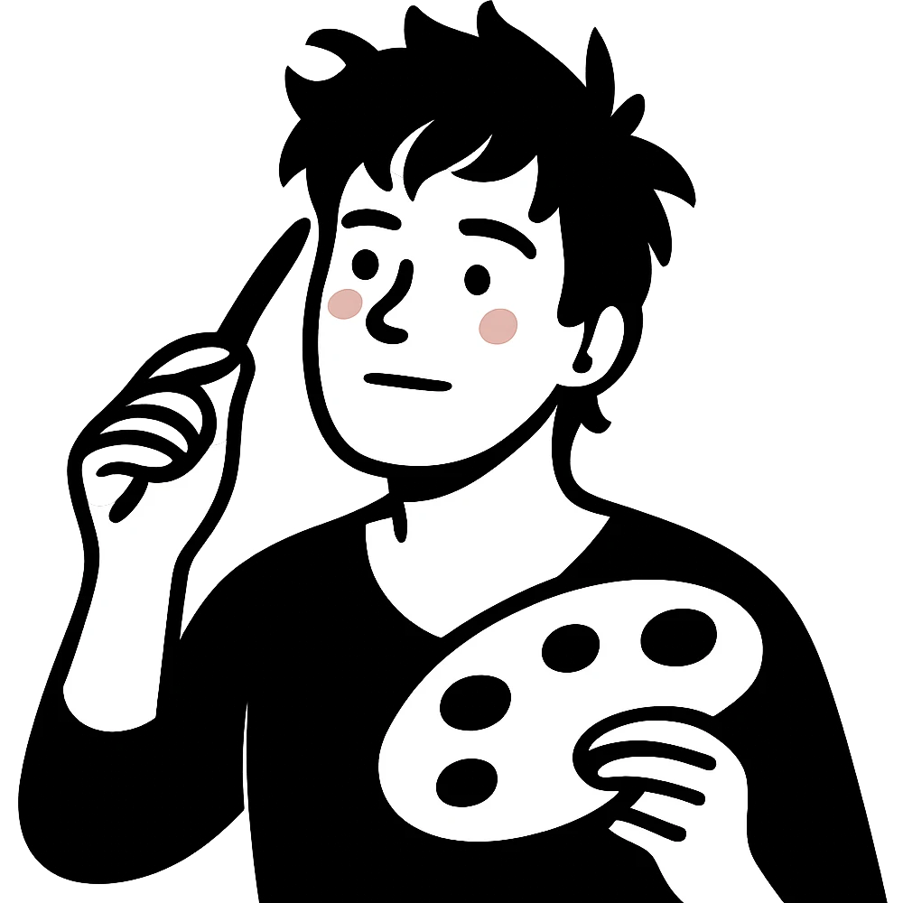 A creative artist character with slightly messy hair, an inspired expression, and a dreamy look emoji