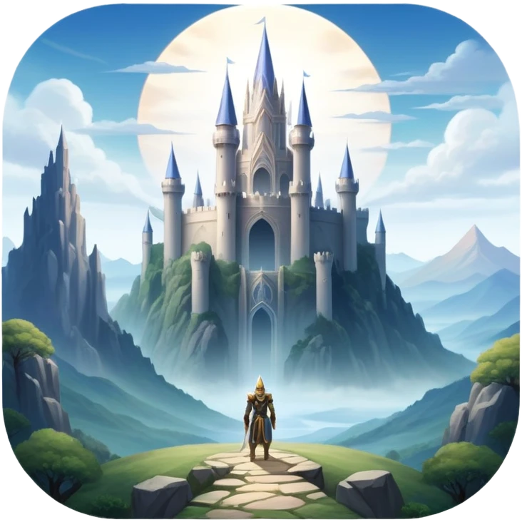 An icon featuring a hero with a closed visor, standing in a majestic, mystical landscape, inspired by RPGs like Elden Ring. The design includes a stunning, ethereal background with towering castles and distant mountains, symbolizing the adventure and mystery. Transparent background emoji