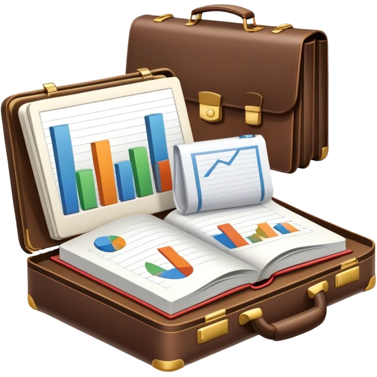 Icon for Business Reading: a prominent open book in the foreground with a briefcase, a laptop and a notepad around it, with a bar graph symbolizing ideas and growth. The icon should represent the knowledge and strategy of business literature. Transparent background. emoji