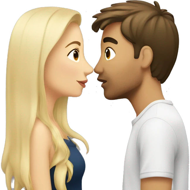 blonde girl kisses brunette guy.  emoji