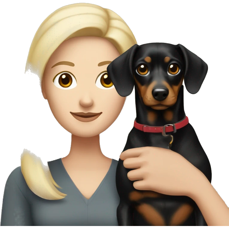 Blonde white woman and Brunette white woman holding black and tan dachshund emoji