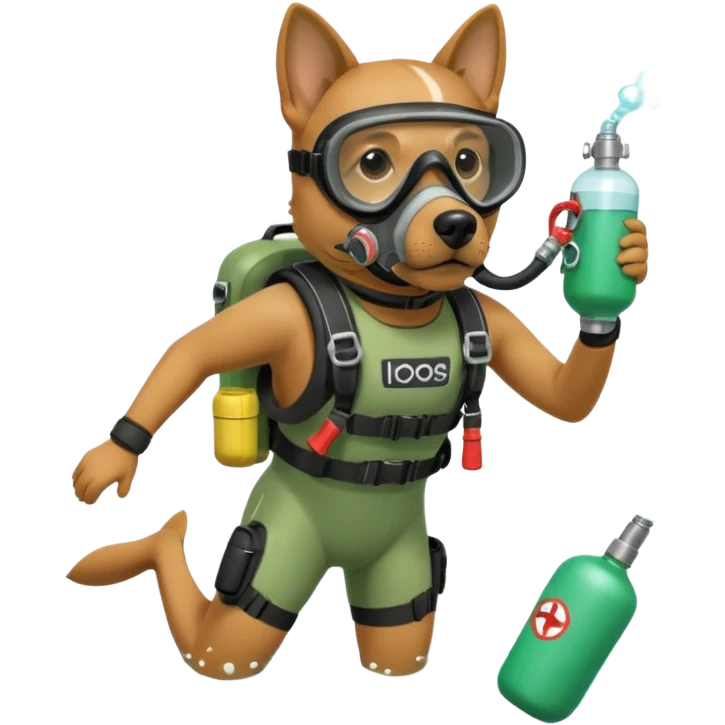 dog wearing scuba green gear dive into the sea with diver mask and oxygen tank emoji
