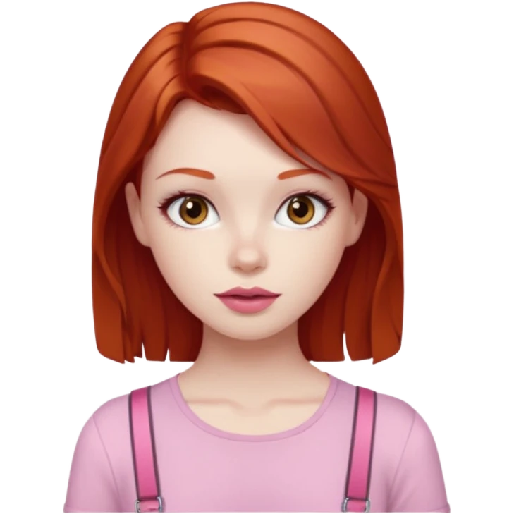 Redhead girl with deep brown eyes, pale skin with light red lips wearing a pink strap shirt emoji