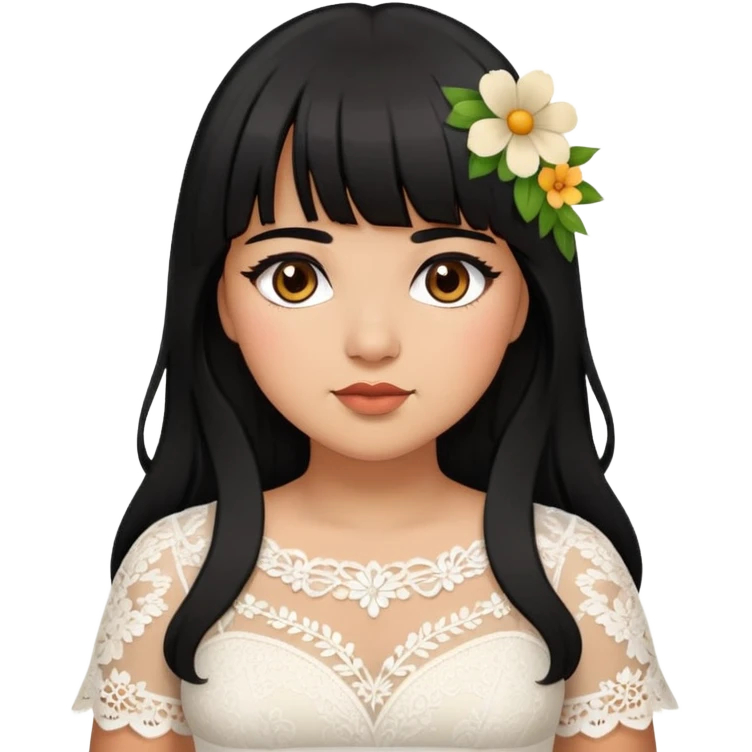 Latina girl with bangs black long hair plus size white lace dress with flowers emoji