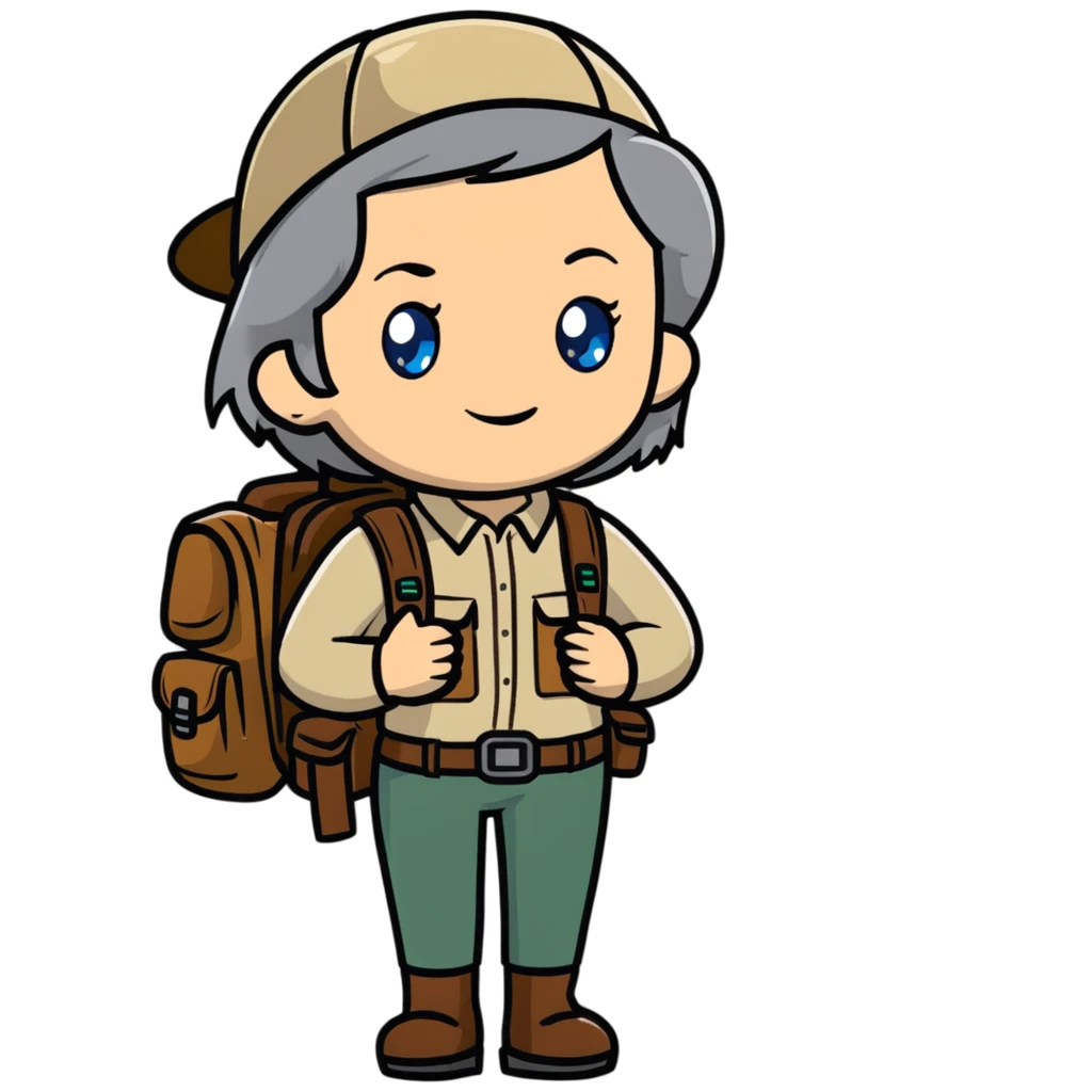 white woman park ranger with blue eyes, brown and gray hair, wearing a backpack, standing in a nature background emoji