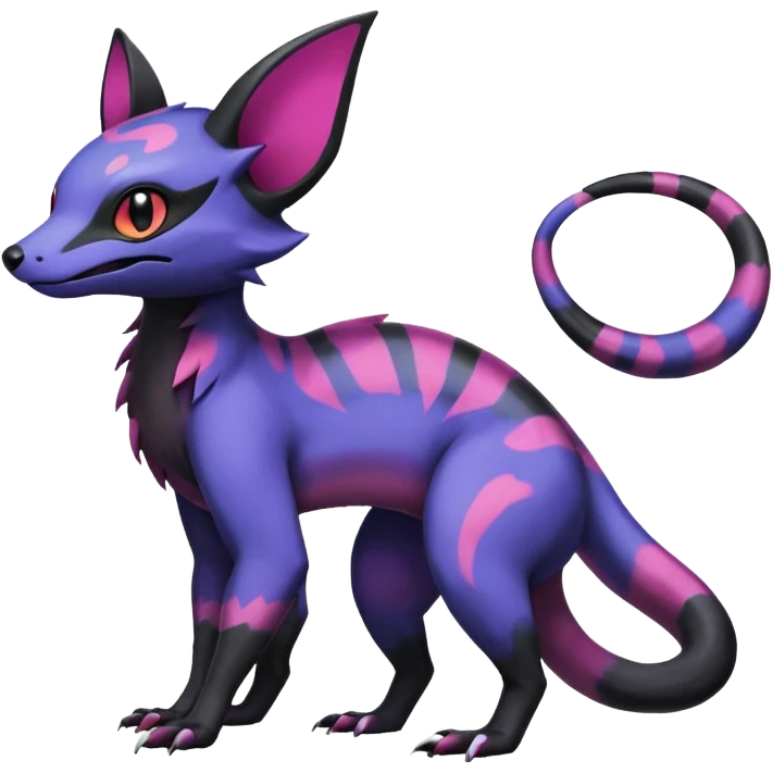 Rare epic aesthetic colorful Salandit-Noibat-Eevee-Civet-species-Fakemon-hybrid-creature, with markings, full body emoji