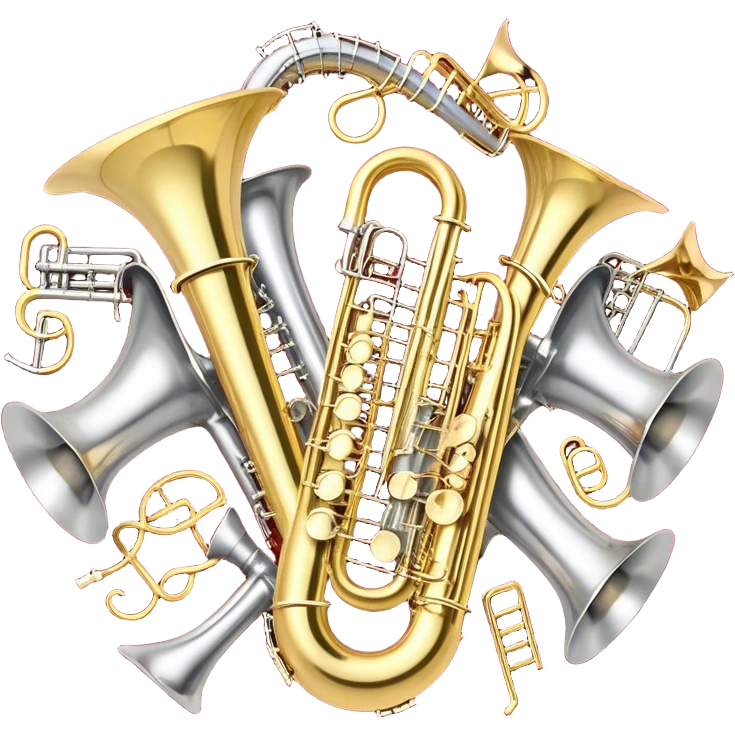 Create a festive and elegant emoji collage featuring a bouquet or fan of bells of wind instrument  (trumpets, saxophones, trombones, tubes, etc.) arranged in a radiant, symmetrical pattern. The instruments should have polished, golden and silver finishes, with their large, shiny bells forming a beautiful, fan-like display. Include a flowing ribbon of musical notes swirling through the center, conveying movement and melody. The background should feature a deep red velvet texture, adding a touch of luxury and sophistication. The overall composition should be balanced, with an elegant and regal feel, with a transparent background to keep focus on the instruments and musical elements. emoji