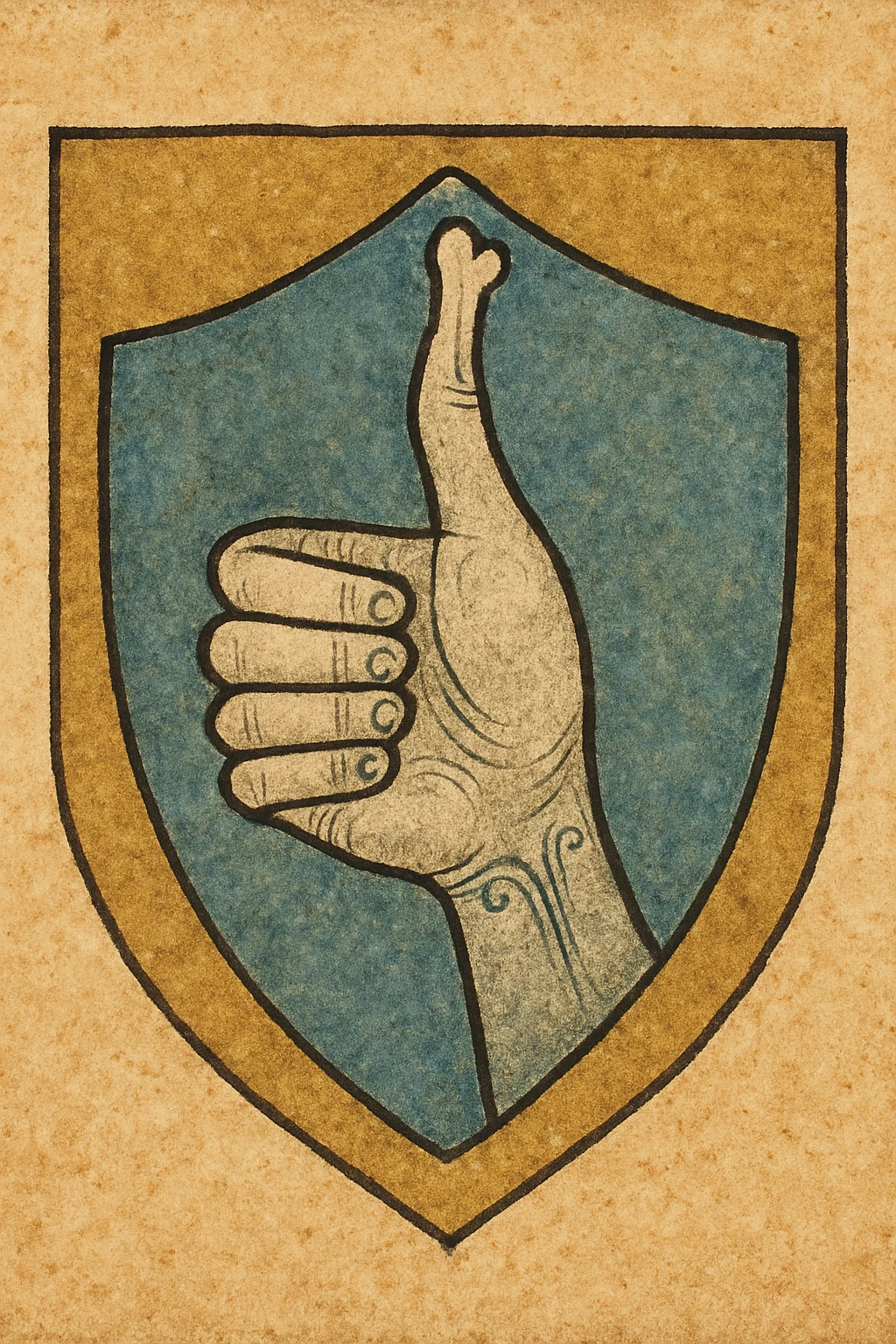 medieval heraldic emblem with a hand giving a thumbs up, thumb elongated and bone protruding past the tip, detailed and symbolic emoji