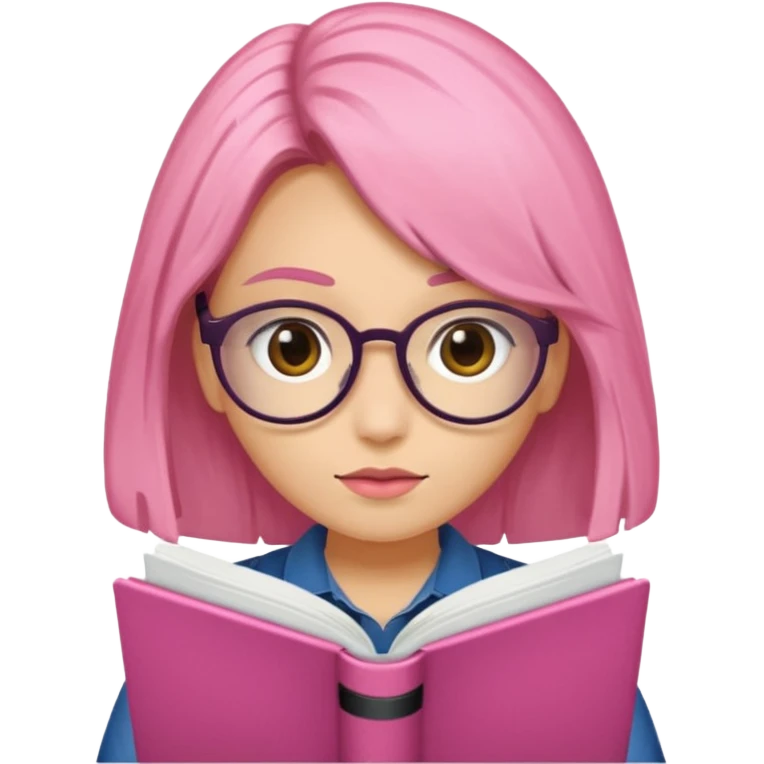 Estudante de cor parda cabelo cacheado loiro escuro de óculos segurando um caderno rosa emoji