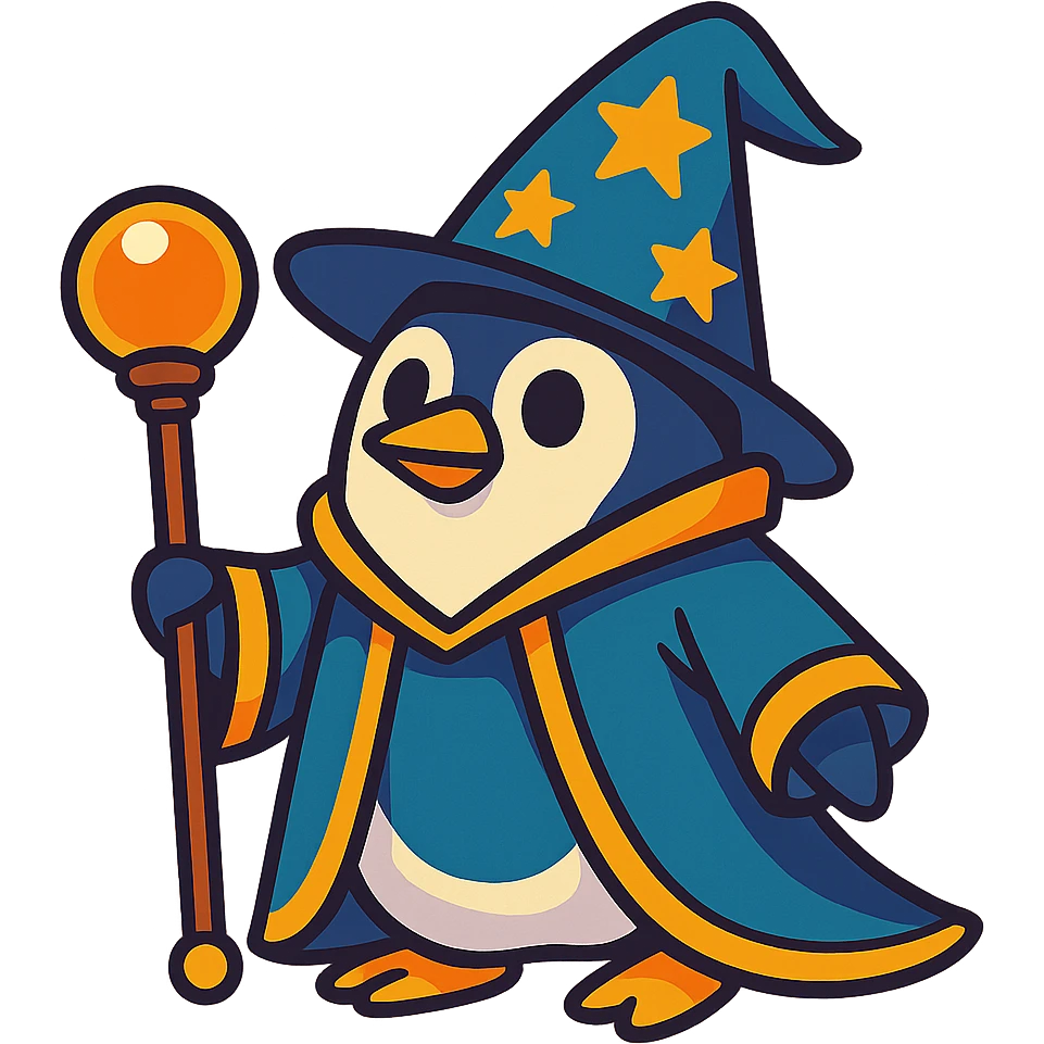 fun and whimsical penguin dressed as a wizard, with a pointy hat and a magic staff emoji