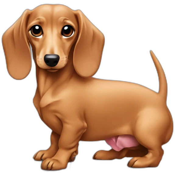 A fawn colored dachshund behind a laptop emoji