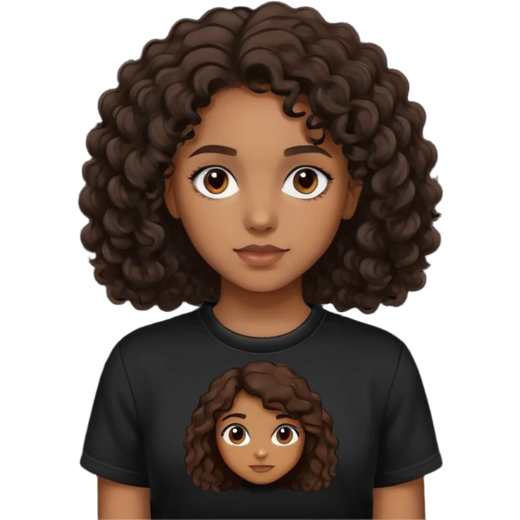 girl with brown skin, dark curly brown hair shoulder length and black crewneck t-shirt emoji