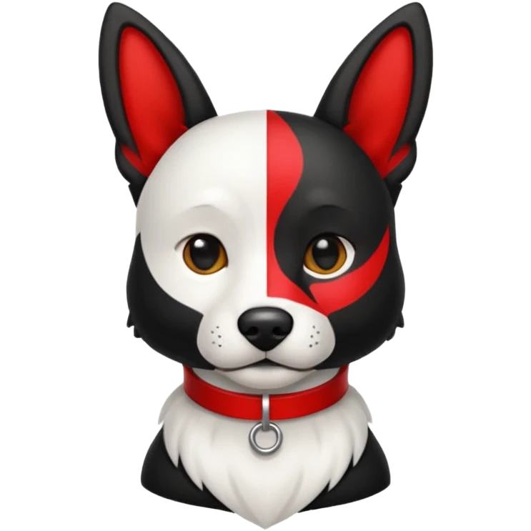 Perro blanco  con orejas negras  con un collar rojo sentado emoji