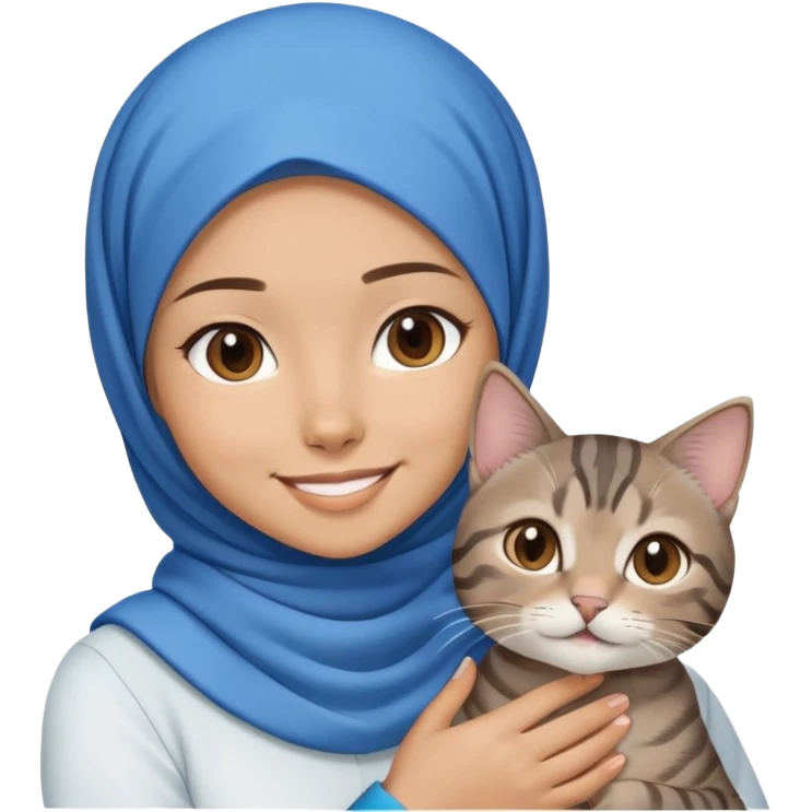 White asian Girl wearing blue hijab with white shirt smiling while holding a black brown grey tabby cat emoji