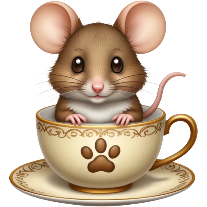 Cinematic 32k HD, Extremely detailed image of a mouse in a teacup, each hair, eye, and paw is shown in stunning detail as though captured in a timeless photograph, rich textures, visually rich, so lifelike that it feels like it could leap off the page at any moment emoji